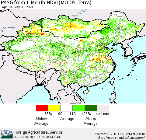 China, Mongolia and Taiwan PASG from 1-Month NDVI (Terra-MODIS) Thematic Map For 5/21/2020 - 5/31/2020
