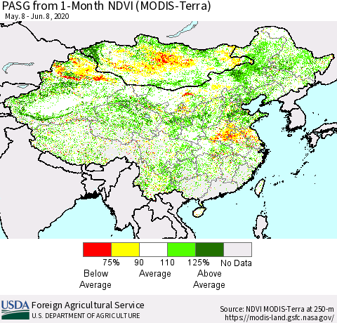 China, Mongolia and Taiwan PASG from 1-Month NDVI (Terra-MODIS) Thematic Map For 6/1/2020 - 6/10/2020