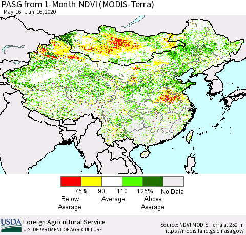 China, Mongolia and Taiwan PASG from 1-Month NDVI (Terra-MODIS) Thematic Map For 6/11/2020 - 6/20/2020