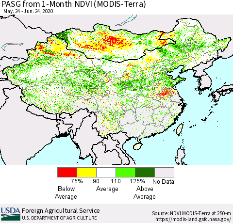 China, Mongolia and Taiwan PASG from 1-Month NDVI (Terra-MODIS) Thematic Map For 6/21/2020 - 6/30/2020