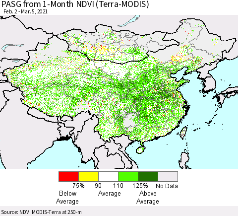 China, Mongolia and Taiwan PASG from 1-Month NDVI (Terra-MODIS) Thematic Map For 2/26/2021 - 3/5/2021