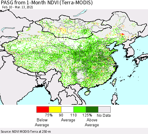 China, Mongolia and Taiwan PASG from 1-Month NDVI (Terra-MODIS) Thematic Map For 3/6/2021 - 3/13/2021