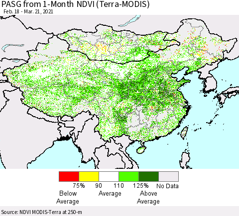 China, Mongolia and Taiwan PASG from 1-Month NDVI (Terra-MODIS) Thematic Map For 3/14/2021 - 3/21/2021