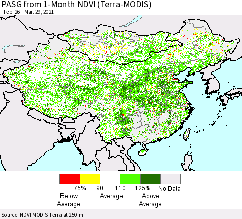 China, Mongolia and Taiwan PASG from 1-Month NDVI (Terra-MODIS) Thematic Map For 3/22/2021 - 3/29/2021