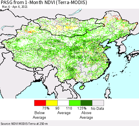 China, Mongolia and Taiwan PASG from 1-Month NDVI (Terra-MODIS) Thematic Map For 3/30/2021 - 4/6/2021