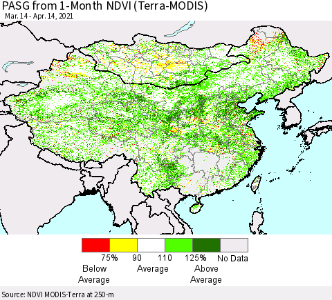 China, Mongolia and Taiwan PASG from 1-Month NDVI (Terra-MODIS) Thematic Map For 4/7/2021 - 4/14/2021