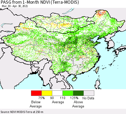 China, Mongolia and Taiwan PASG from 1-Month NDVI (Terra-MODIS) Thematic Map For 4/23/2021 - 4/30/2021