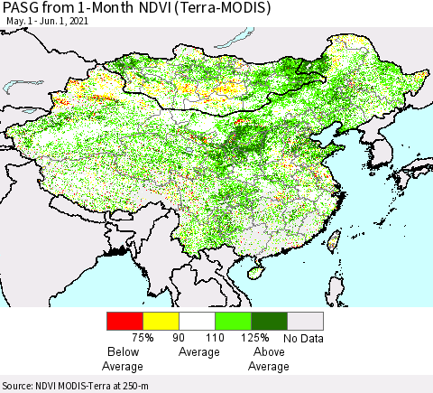 China, Mongolia and Taiwan PASG from 1-Month NDVI (Terra-MODIS) Thematic Map For 5/25/2021 - 6/1/2021