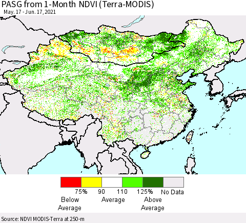 China, Mongolia and Taiwan PASG from 1-Month NDVI (Terra-MODIS) Thematic Map For 6/10/2021 - 6/17/2021