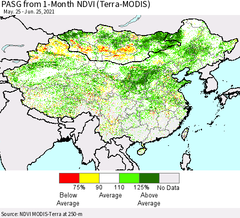 China, Mongolia and Taiwan PASG from 1-Month NDVI (Terra-MODIS) Thematic Map For 6/18/2021 - 6/25/2021