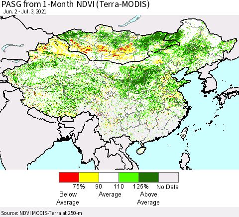 China, Mongolia and Taiwan PASG from 1-Month NDVI (Terra-MODIS) Thematic Map For 6/26/2021 - 7/3/2021