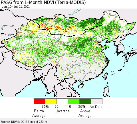 China, Mongolia and Taiwan PASG from 1-Month NDVI (Terra-MODIS) Thematic Map For 7/4/2021 - 7/11/2021