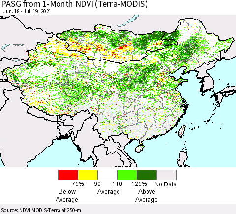 China, Mongolia and Taiwan PASG from 1-Month NDVI (Terra-MODIS) Thematic Map For 7/12/2021 - 7/19/2021
