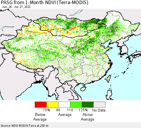 China, Mongolia and Taiwan PASG from 1-Month NDVI (Terra-MODIS) Thematic Map For 7/20/2021 - 7/27/2021