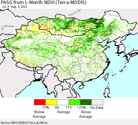 China, Mongolia and Taiwan PASG from 1-Month NDVI (Terra-MODIS) Thematic Map For 7/28/2021 - 8/4/2021