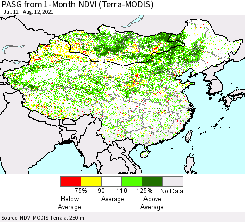China, Mongolia and Taiwan PASG from 1-Month NDVI (Terra-MODIS) Thematic Map For 8/5/2021 - 8/12/2021