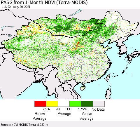 China, Mongolia and Taiwan PASG from 1-Month NDVI (Terra-MODIS) Thematic Map For 8/13/2021 - 8/20/2021