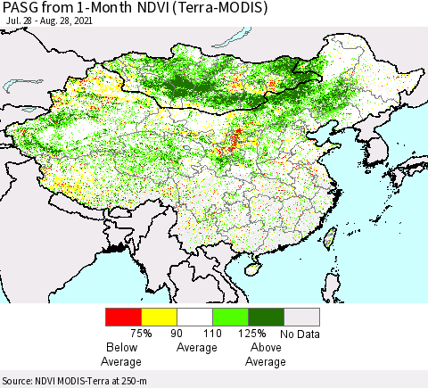 China, Mongolia and Taiwan PASG from 1-Month NDVI (Terra-MODIS) Thematic Map For 8/21/2021 - 8/28/2021