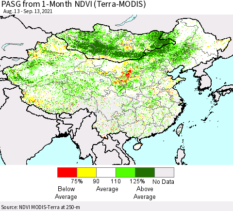 China, Mongolia and Taiwan PASG from 1-Month NDVI (Terra-MODIS) Thematic Map For 9/6/2021 - 9/13/2021