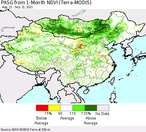 China, Mongolia and Taiwan PASG from 1-Month NDVI (Terra-MODIS) Thematic Map For 9/14/2021 - 9/21/2021