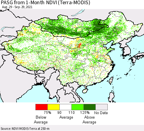 China, Mongolia and Taiwan PASG from 1-Month NDVI (Terra-MODIS) Thematic Map For 9/22/2021 - 9/29/2021