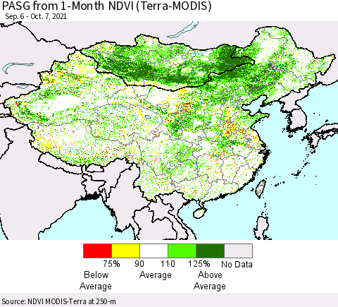 China, Mongolia and Taiwan PASG from 1-Month NDVI (Terra-MODIS) Thematic Map For 9/30/2021 - 10/7/2021
