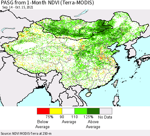 China, Mongolia and Taiwan PASG from 1-Month NDVI (Terra-MODIS) Thematic Map For 10/8/2021 - 10/15/2021