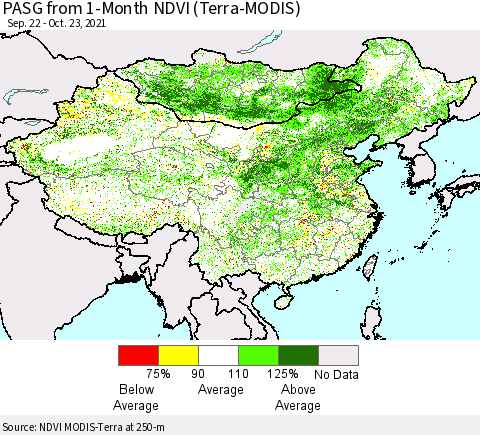 China, Mongolia and Taiwan PASG from 1-Month NDVI (Terra-MODIS) Thematic Map For 10/16/2021 - 10/23/2021