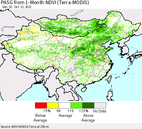 China, Mongolia and Taiwan PASG from 1-Month NDVI (Terra-MODIS) Thematic Map For 10/24/2021 - 10/31/2021
