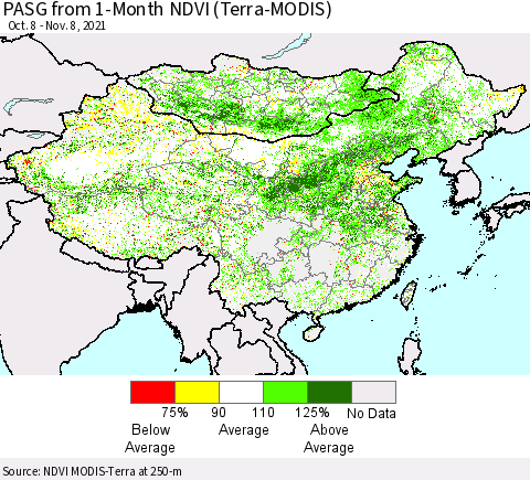 China, Mongolia and Taiwan PASG from 1-Month NDVI (Terra-MODIS) Thematic Map For 11/1/2021 - 11/8/2021
