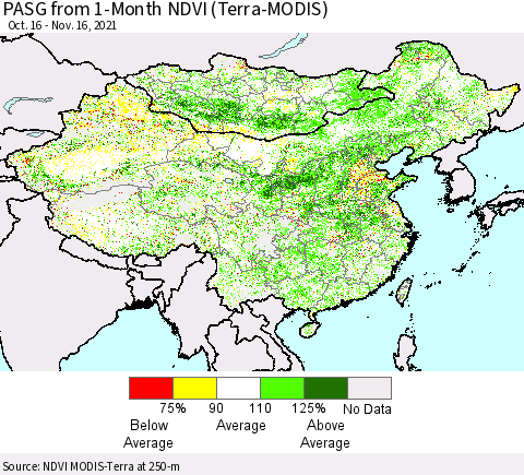 China, Mongolia and Taiwan PASG from 1-Month NDVI (Terra-MODIS) Thematic Map For 11/9/2021 - 11/16/2021