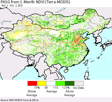 China, Mongolia and Taiwan PASG from 1-Month NDVI (Terra-MODIS) Thematic Map For 11/25/2021 - 12/2/2021