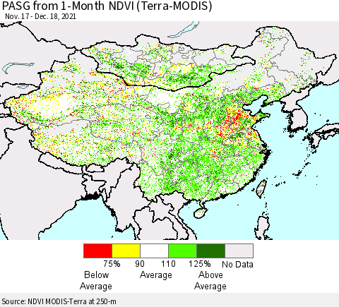 China, Mongolia and Taiwan PASG from 1-Month NDVI (Terra-MODIS) Thematic Map For 12/11/2021 - 12/18/2021