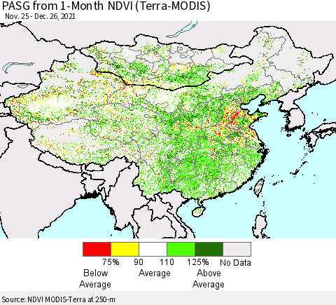 China, Mongolia and Taiwan PASG from 1-Month NDVI (Terra-MODIS) Thematic Map For 12/19/2021 - 12/26/2021
