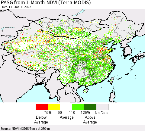 China, Mongolia and Taiwan PASG from 1-Month NDVI (Terra-MODIS) Thematic Map For 1/1/2022 - 1/8/2022