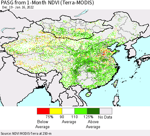 China, Mongolia and Taiwan PASG from 1-Month NDVI (Terra-MODIS) Thematic Map For 1/9/2022 - 1/16/2022