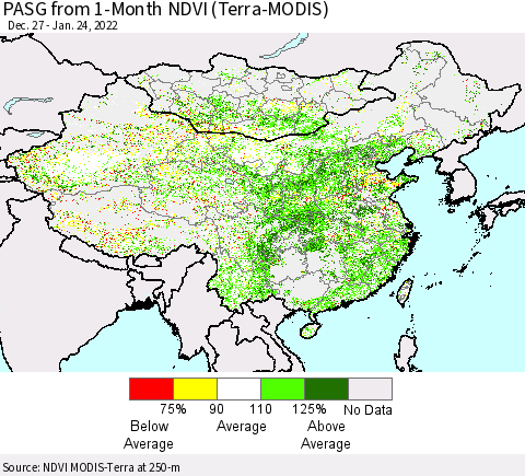 China, Mongolia and Taiwan PASG from 1-Month NDVI (Terra-MODIS) Thematic Map For 1/17/2022 - 1/24/2022