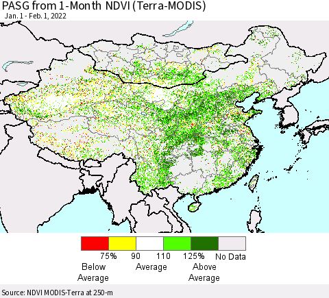 China, Mongolia and Taiwan PASG from 1-Month NDVI (Terra-MODIS) Thematic Map For 1/25/2022 - 2/1/2022