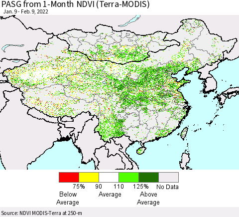 China, Mongolia and Taiwan PASG from 1-Month NDVI (Terra-MODIS) Thematic Map For 2/2/2022 - 2/9/2022