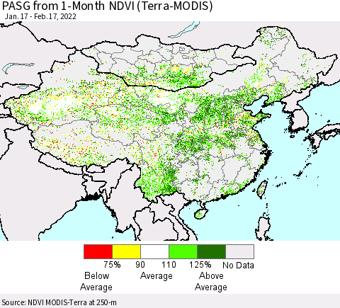 China, Mongolia and Taiwan PASG from 1-Month NDVI (Terra-MODIS) Thematic Map For 2/10/2022 - 2/17/2022
