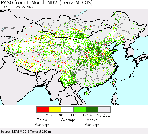 China, Mongolia and Taiwan PASG from 1-Month NDVI (Terra-MODIS) Thematic Map For 2/18/2022 - 2/25/2022