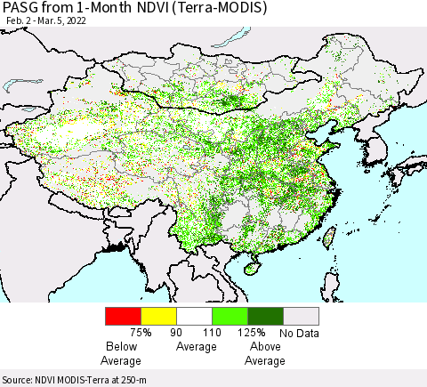 China, Mongolia and Taiwan PASG from 1-Month NDVI (Terra-MODIS) Thematic Map For 2/26/2022 - 3/5/2022