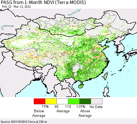 China, Mongolia and Taiwan PASG from 1-Month NDVI (Terra-MODIS) Thematic Map For 3/6/2022 - 3/13/2022