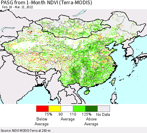 China, Mongolia and Taiwan PASG from 1-Month NDVI (Terra-MODIS) Thematic Map For 3/14/2022 - 3/21/2022