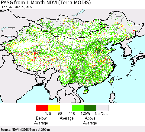 China, Mongolia and Taiwan PASG from 1-Month NDVI (Terra-MODIS) Thematic Map For 3/22/2022 - 3/29/2022