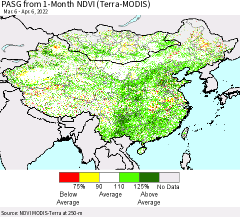 China, Mongolia and Taiwan PASG from 1-Month NDVI (Terra-MODIS) Thematic Map For 3/30/2022 - 4/6/2022