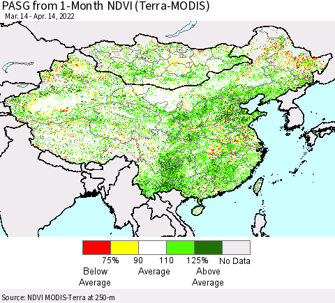 China, Mongolia and Taiwan PASG from 1-Month NDVI (Terra-MODIS) Thematic Map For 4/7/2022 - 4/14/2022