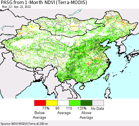China, Mongolia and Taiwan PASG from 1-Month NDVI (Terra-MODIS) Thematic Map For 4/15/2022 - 4/22/2022