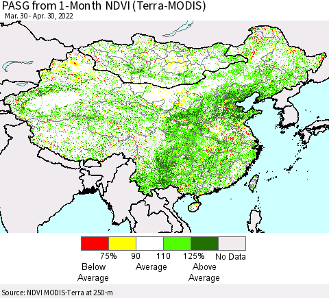 China, Mongolia and Taiwan PASG from 1-Month NDVI (Terra-MODIS) Thematic Map For 4/23/2022 - 4/30/2022