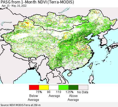 China, Mongolia and Taiwan PASG from 1-Month NDVI (Terra-MODIS) Thematic Map For 5/9/2022 - 5/16/2022